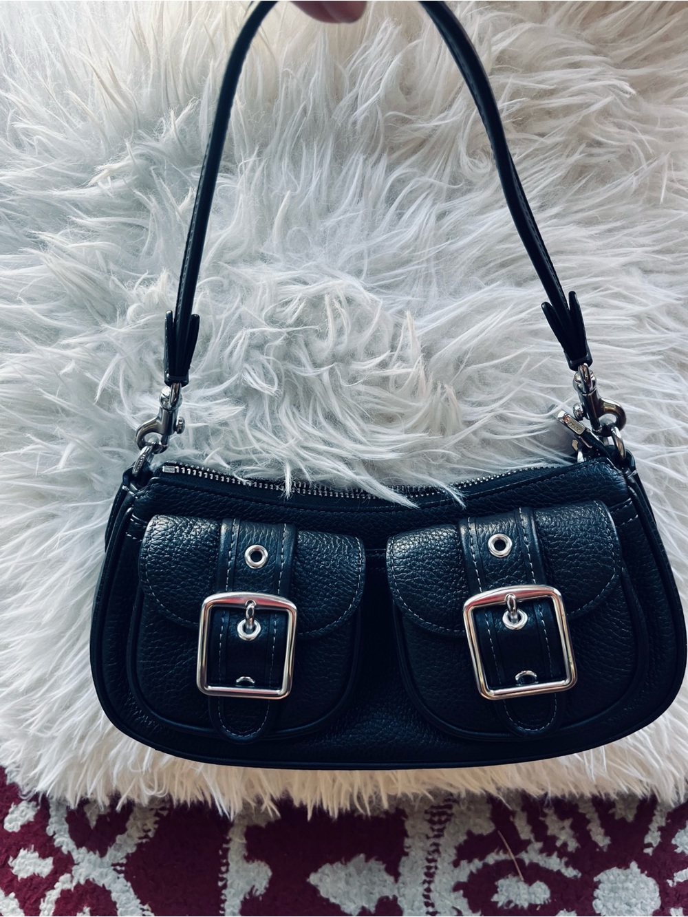 Coach Ashton Classic Black Leatherette Shoulder Bag with Buckle Pockets